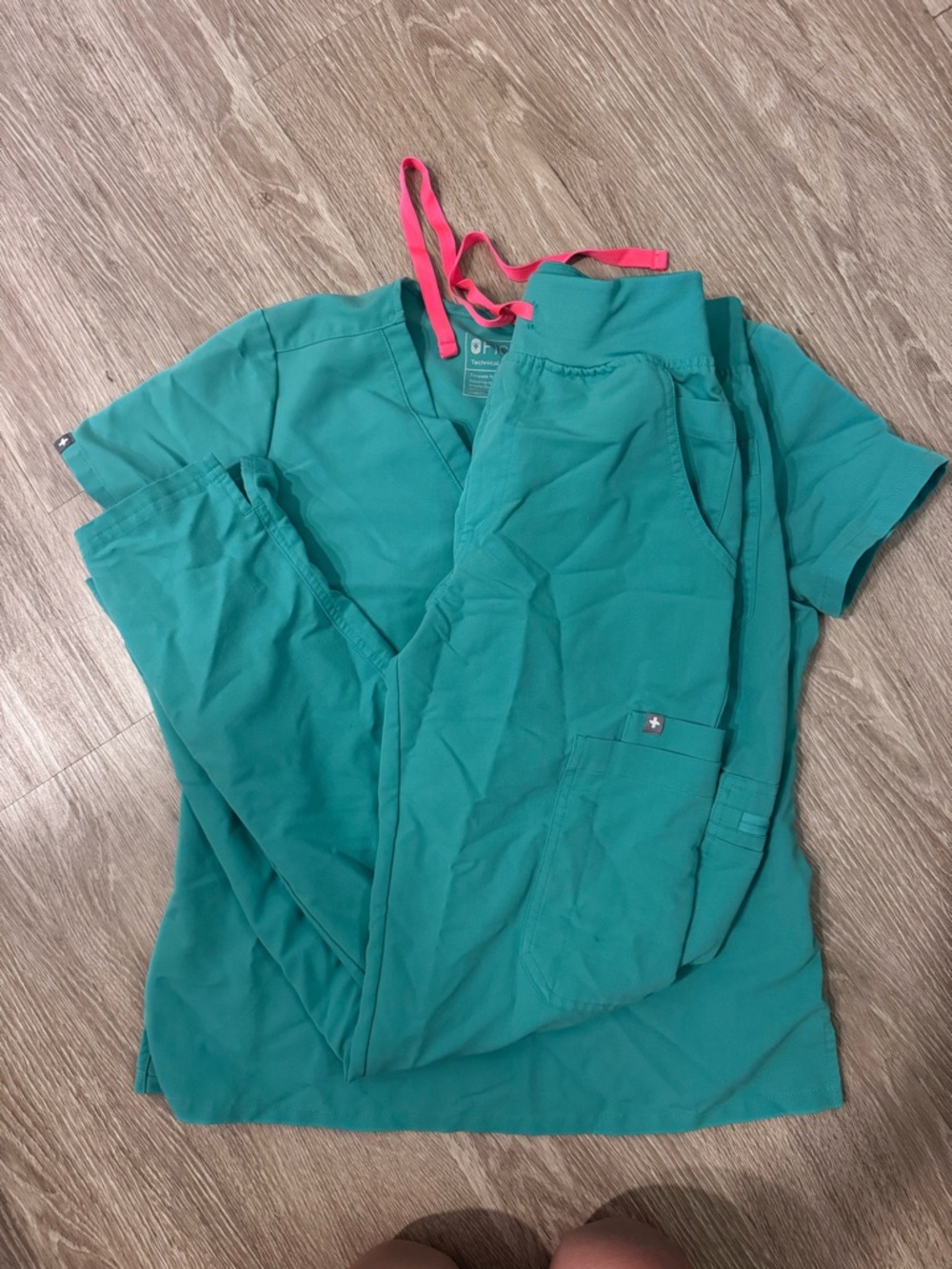 Figs Teal Scrub Top and Pants with Pink Drawstring